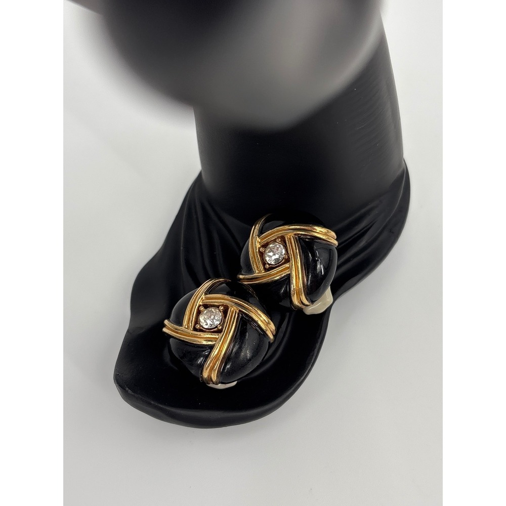 B46 Ciner Vintage Signed Black & Gold Clip On Earrings Rhinestone Knot Enamel